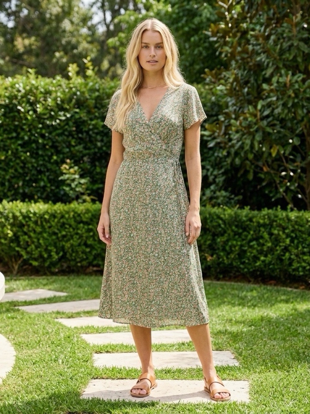 Lost + Wander Wild Poppies Green Floral Midi Wrap Dress Size Small